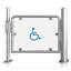 Barreira/Porta em aço inox e acrílico cristal com passagem ampla adequada a pessoas com mobilidade reduzida.